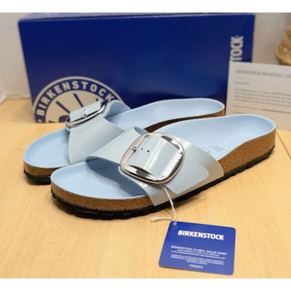Birkenstock Madrid Big Buckle Baby Blue Natural Leather Patent Sandals EU 40 NIB - Picture 4 of 13